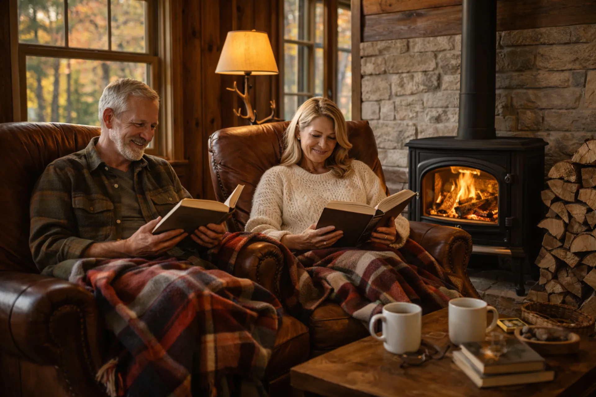 Family staying warm by a fireplace in a Tahoe cabin
