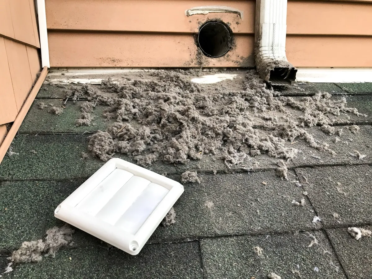 Lint buildup cleared from an exterior dryer vent exhaust