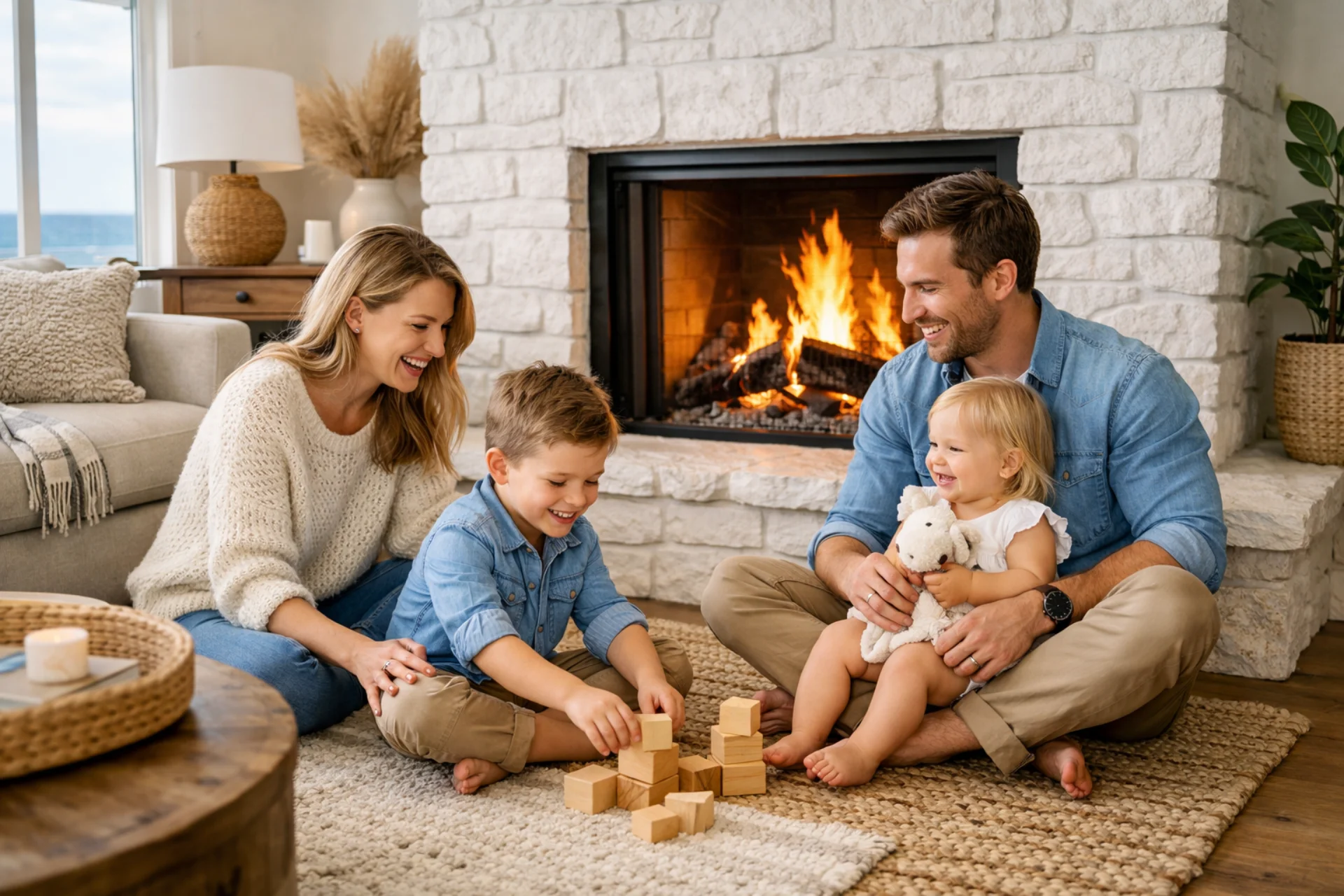 Family enjoying a warm fireplace in their Tahoe home