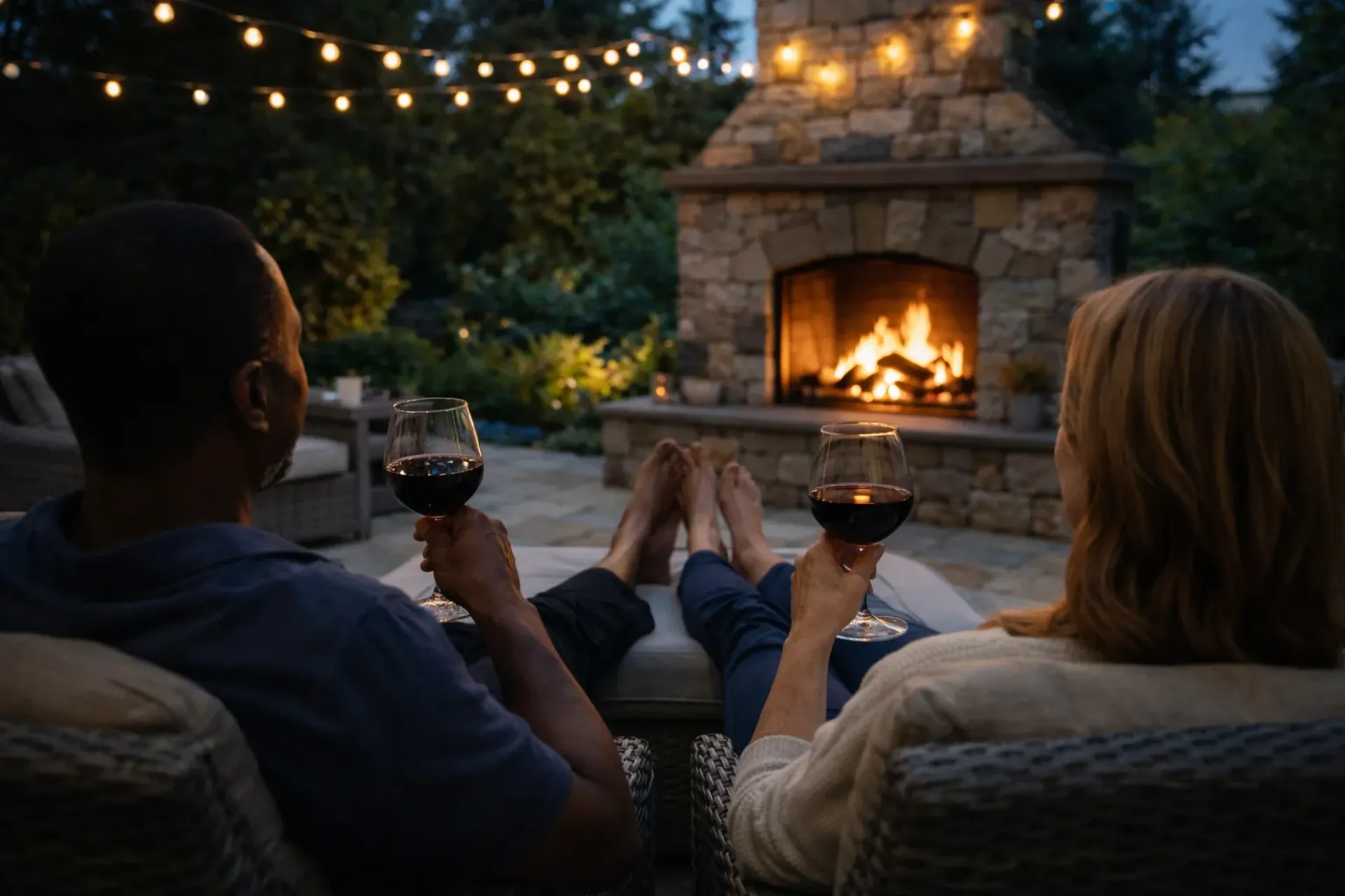 Couple relaxing by an outdoor stone fireplace on a Tahoe evening