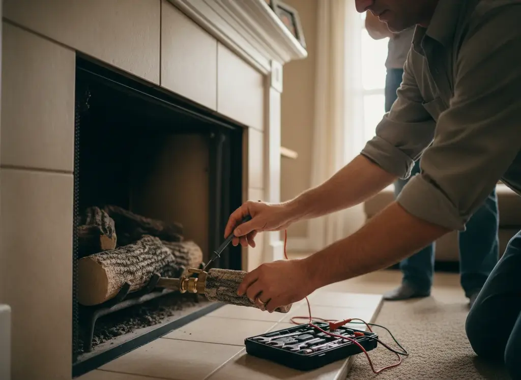 Technician repairing a fireplace