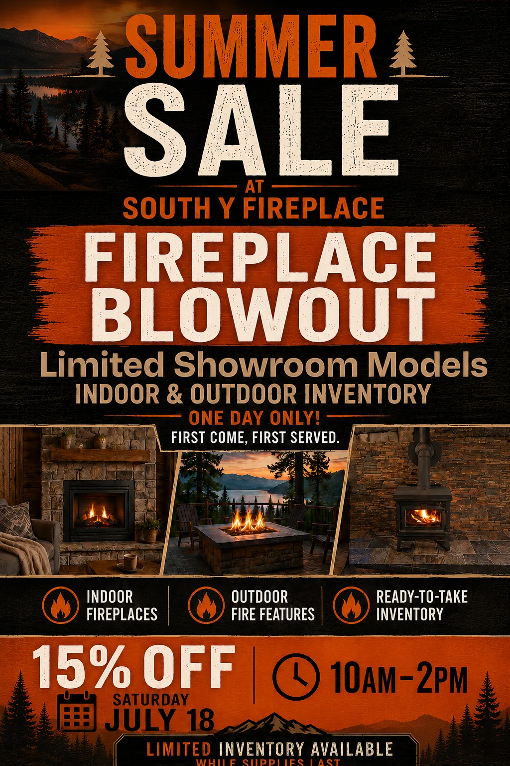 South Y Fireplace Summer Blowout Sale — 15% off showroom models, Saturday July 18, 10 AM to 2 PM
